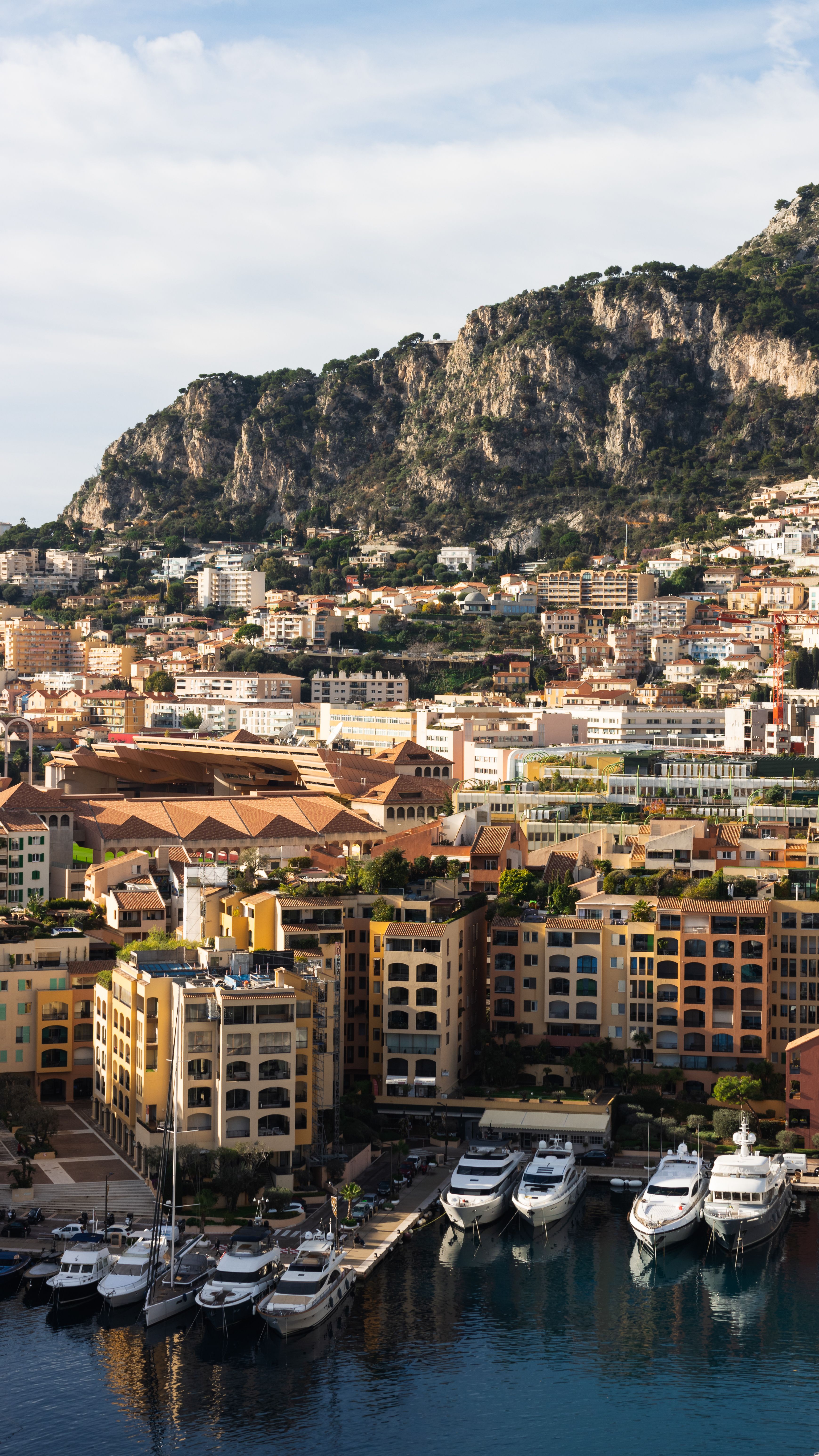 Monaco apartment buildings and a marina of yachts below a rocky hillside