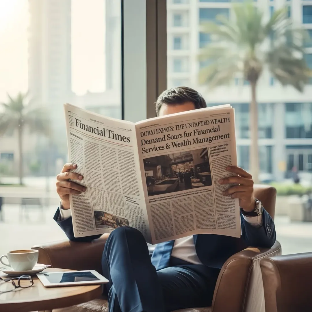 Man in a suit reading a financial newspaper in a lounge overlooking palm trees